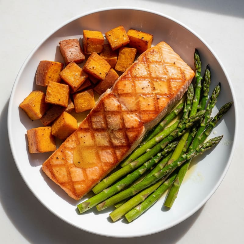 Seared Salmon with Roasted Sweet Potato and Asparagus