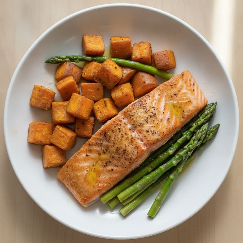 Seared Salmon Fillet with Roasted Sweet Potato and Asparagus