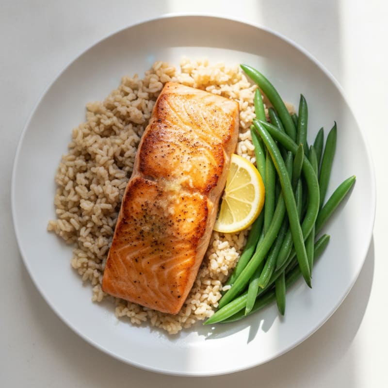 Seared Salmon Fillet with Steamed Green Beans and Brown Rice