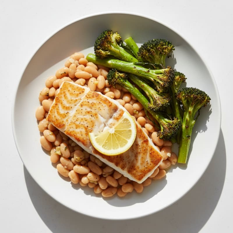 Seared Cod with Roasted Broccoli and Garlic White Beans