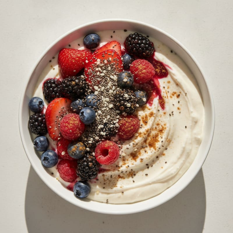 Silky Greek Yogurt Bowl with Mixed Berries and Vanilla Protein Powder