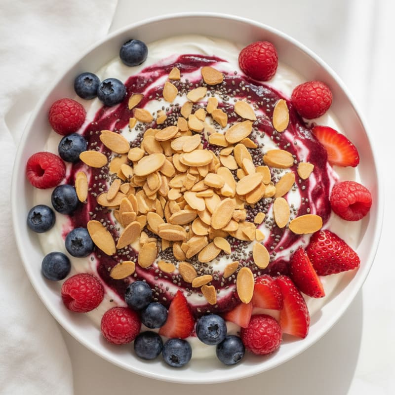 Greek Yogurt Protein Parfait with Mixed Berries and Almonds