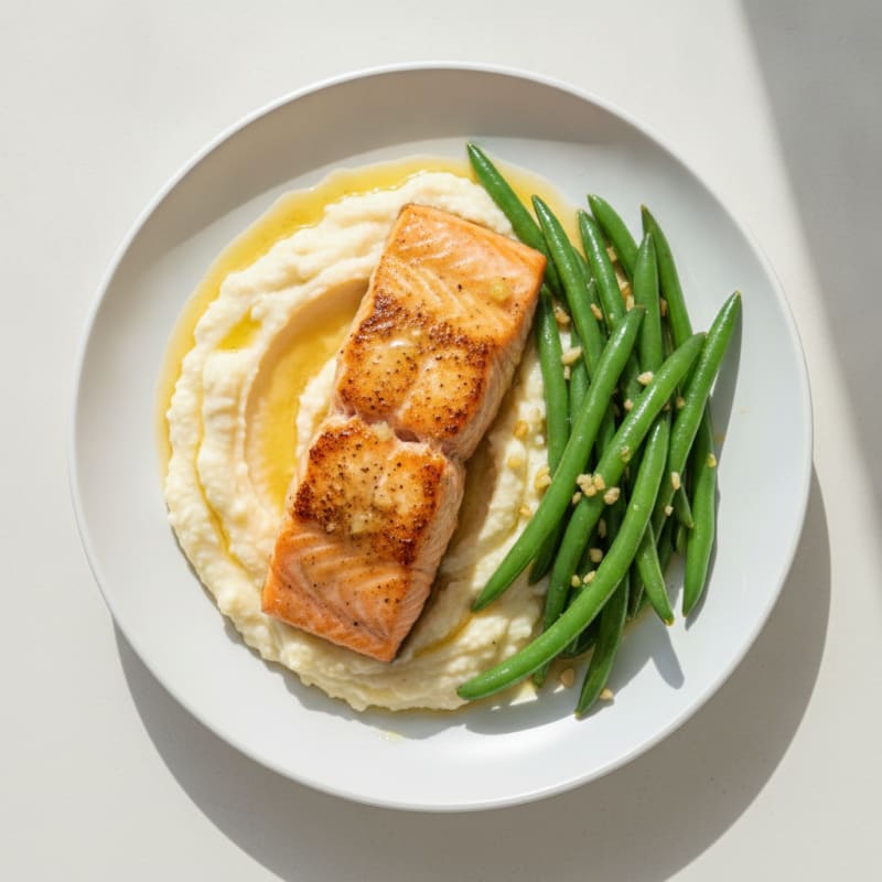 Seared Salmon Fillet with Creamy Cauliflower Mash and Sautéed Green Beans