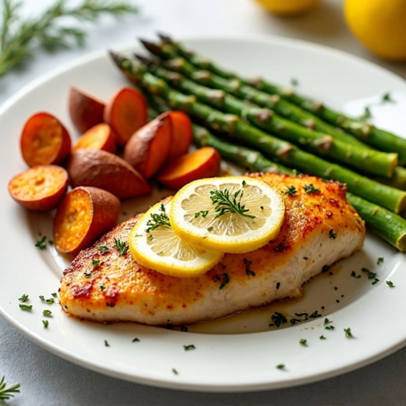 Crispy Sheet Pan Lemon-Herb Chicken with Roasted Asparagus and Sweet Potatoes