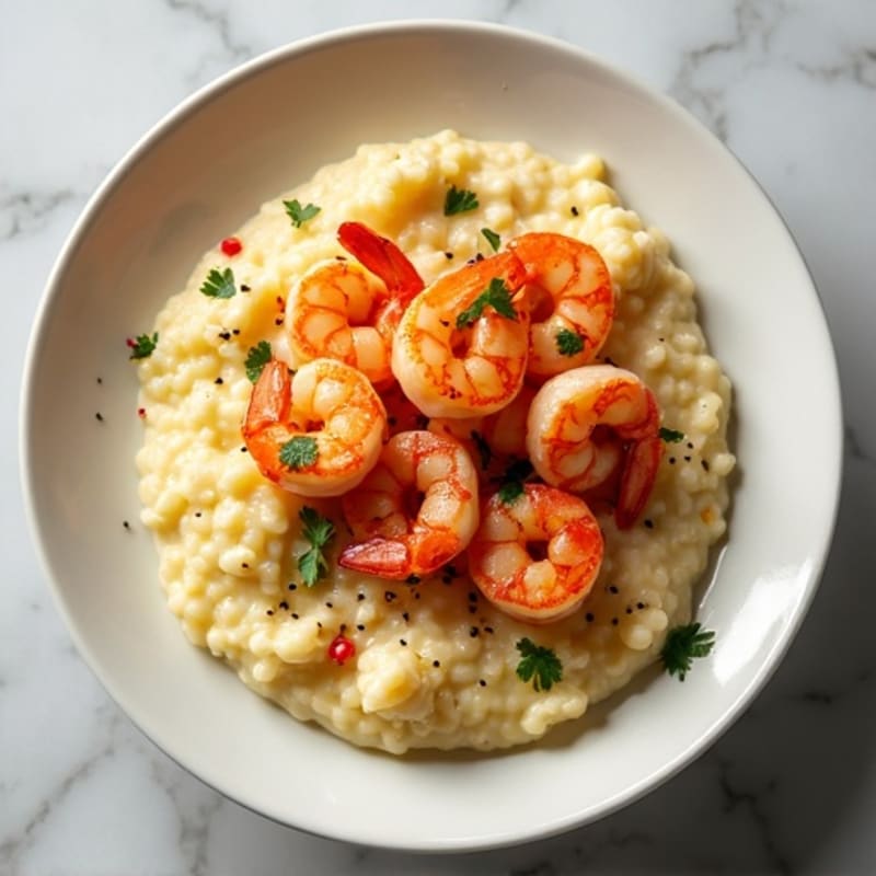 Creamy Cauliflower Grits with Spicy Garlic Shrimp