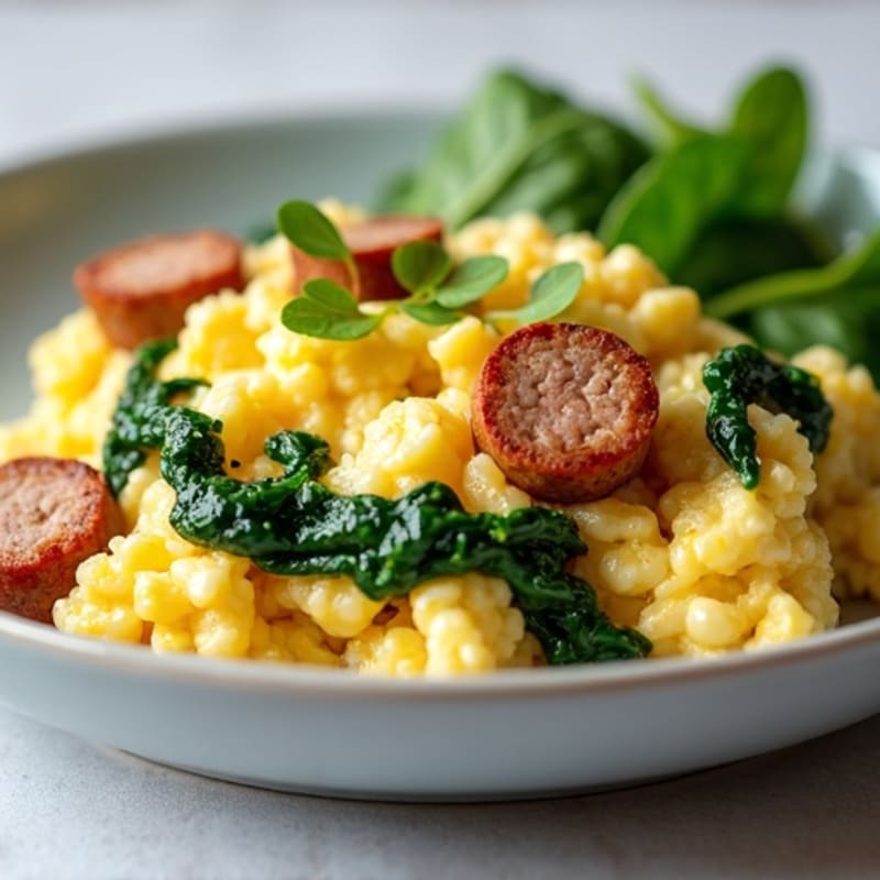 Egg White and Turkey Sausage Scramble with Sautéed Spinach