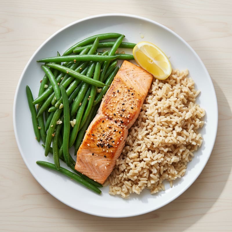 Seared Salmon with Garlic Green Beans and Brown Rice