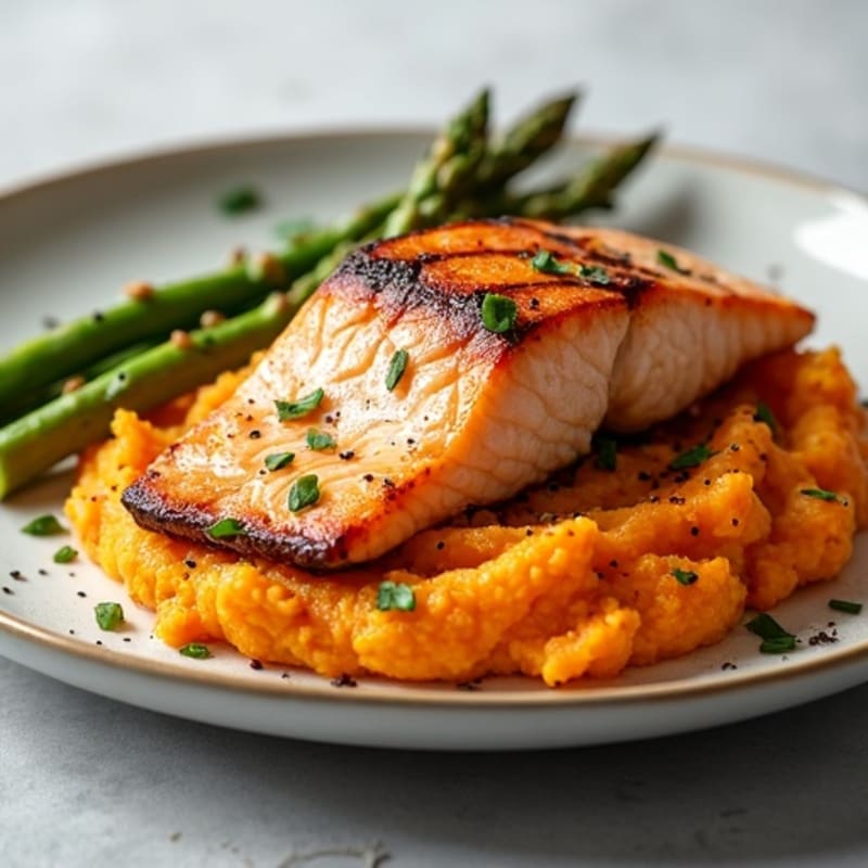 Seared Salmon Fillet with Roasted Asparagus and Sweet Potato Mash