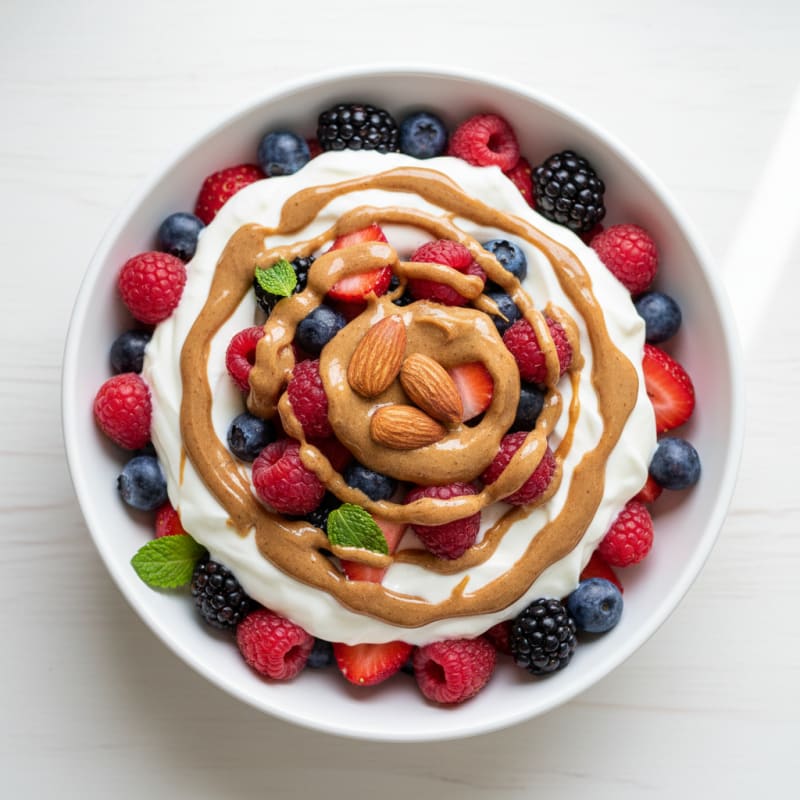 Greek Yogurt Protein Parfait with Mixed Berries and Almond Butter
