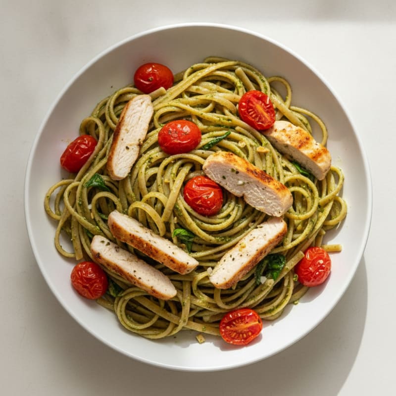 Pesto Chicken Linguine with Blistered Tomatoes
