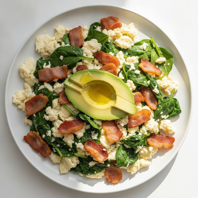 Crispy Turkey Bacon and Egg White Scramble with Sautéed Spinach