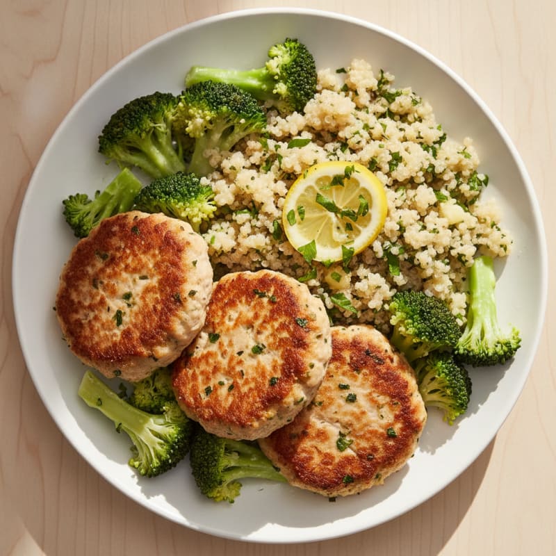 Seared Turkey Patties with Herbed Quinoa and Steamed Broccoli