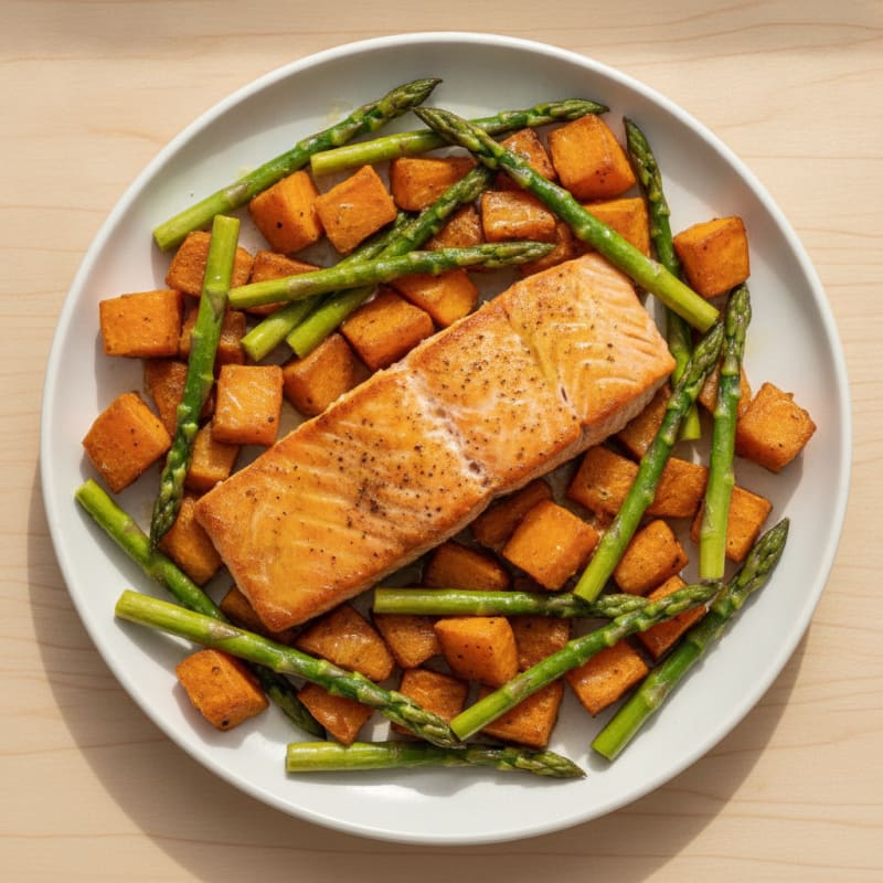 Seared Salmon with Roasted Sweet Potatoes and Asparagus