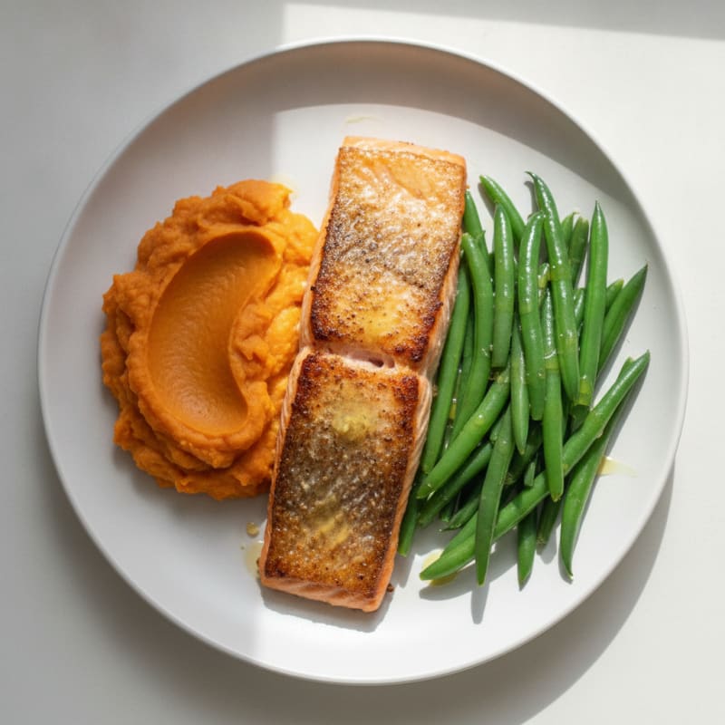 Seared Salmon with Steamed Green Beans and Sweet Potato Mash