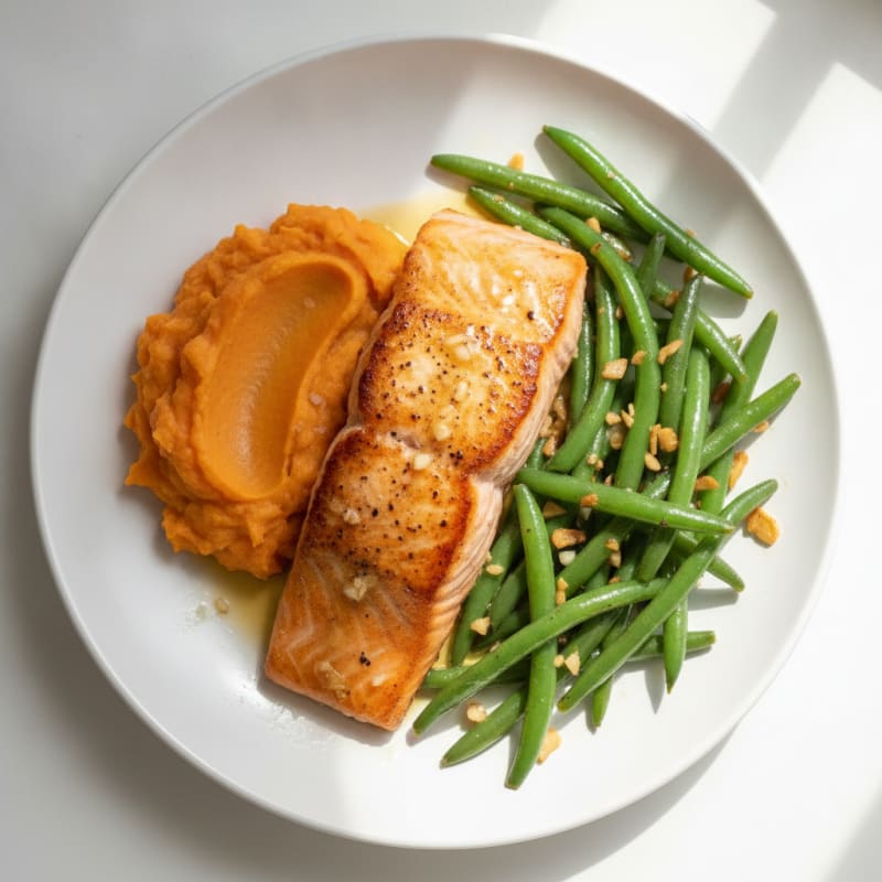 Seared Salmon with Garlic Green Beans and Sweet Potato Mash