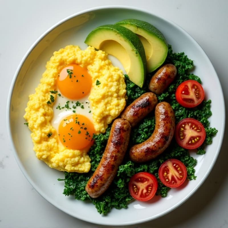 Scrambled Eggs with Turkey Sausage, Sautéed Spinach, and Avocado