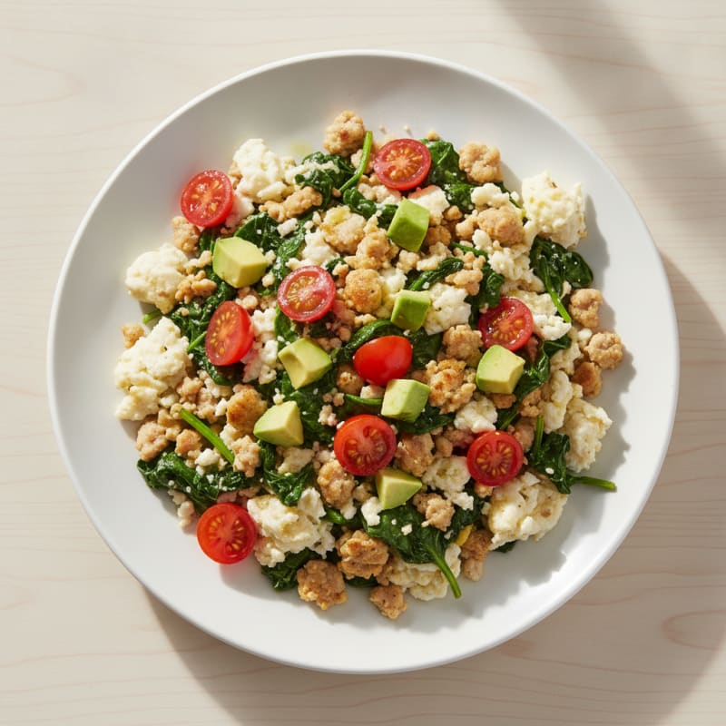Egg White and Turkey Sausage Scramble with Sautéed Spinach