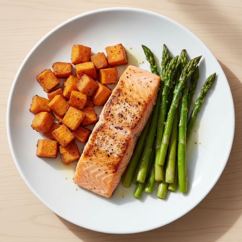 Seared Salmon with Roasted Sweet Potato and Asparagus