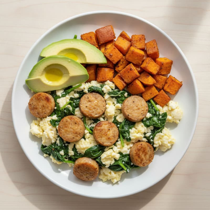Egg White Scramble with Chicken Sausage and Sautéed Spinach