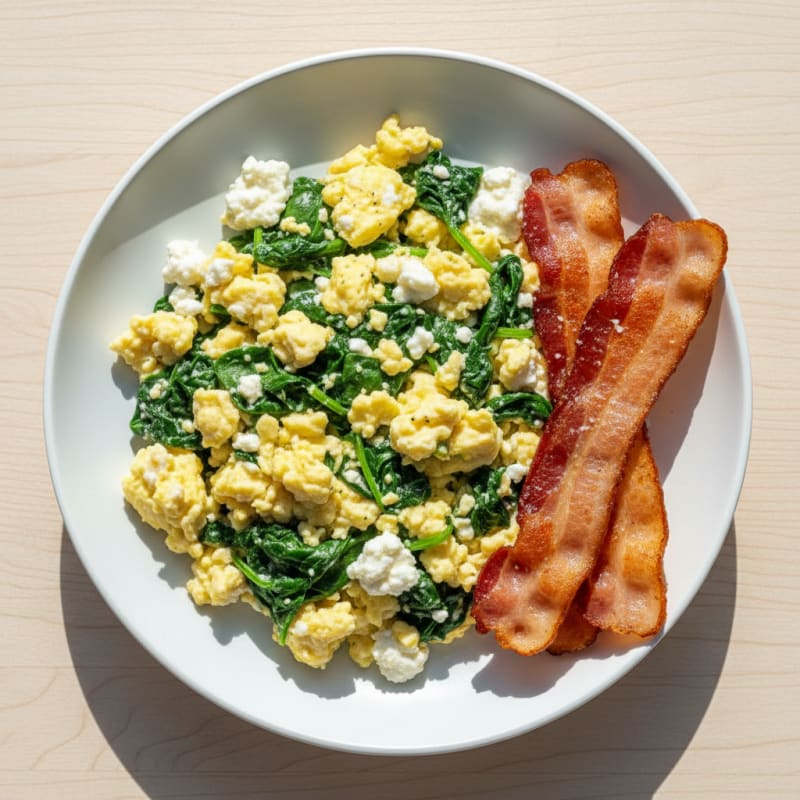 Cottage Cheese Scramble with Spinach and Turkey Bacon