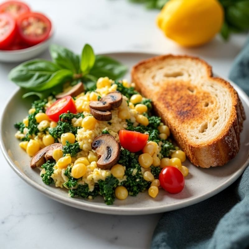 Egg White Veggie Scramble with Cottage Cheese and Sautéed Spinach