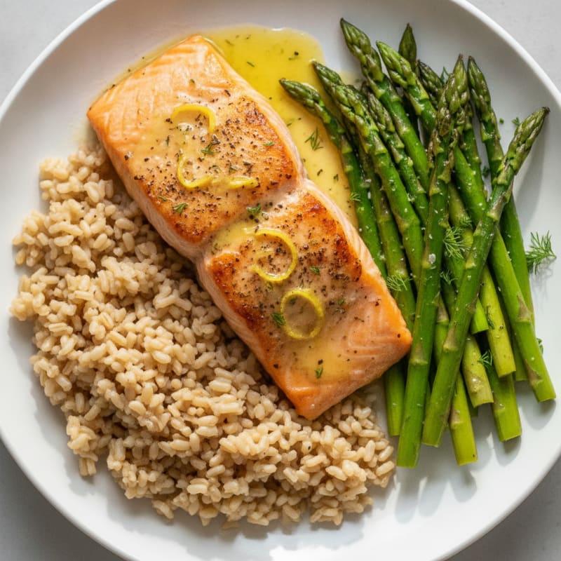 Baked Salmon with Roasted Asparagus and Brown Rice