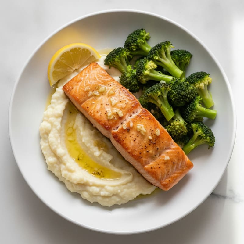 Seared Salmon Fillet with Steamed Broccoli and Garlic Cauliflower Mash