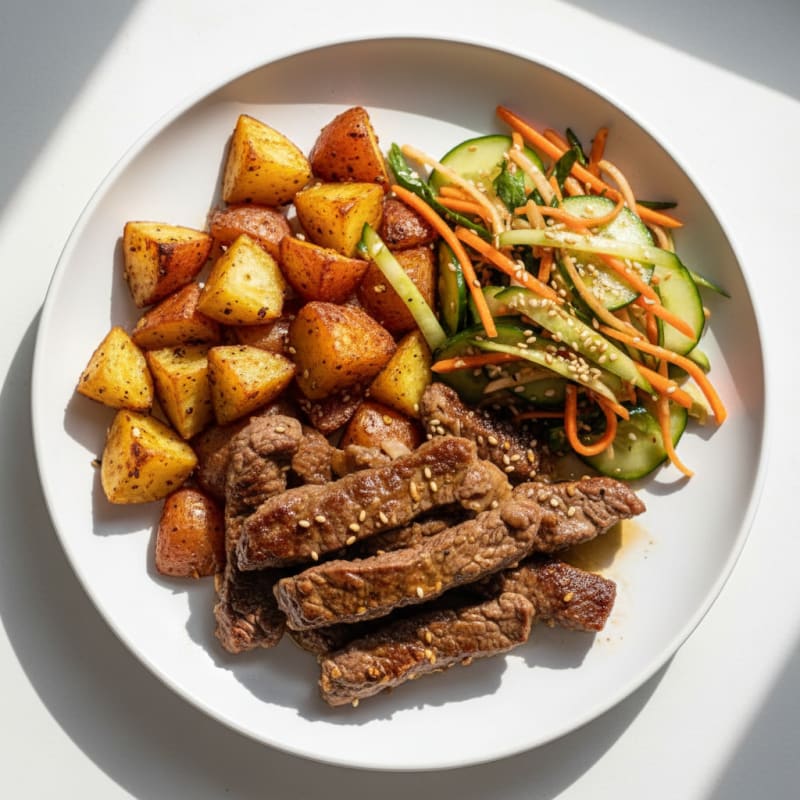 Seared Beef Strips with Roasted Potatoes and Kimchi-Cucumber Slaw