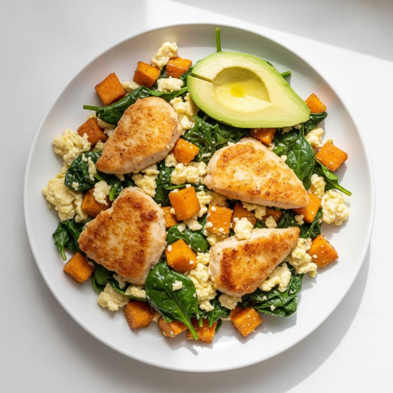 Crispy Chicken Egg White Scramble with Spinach