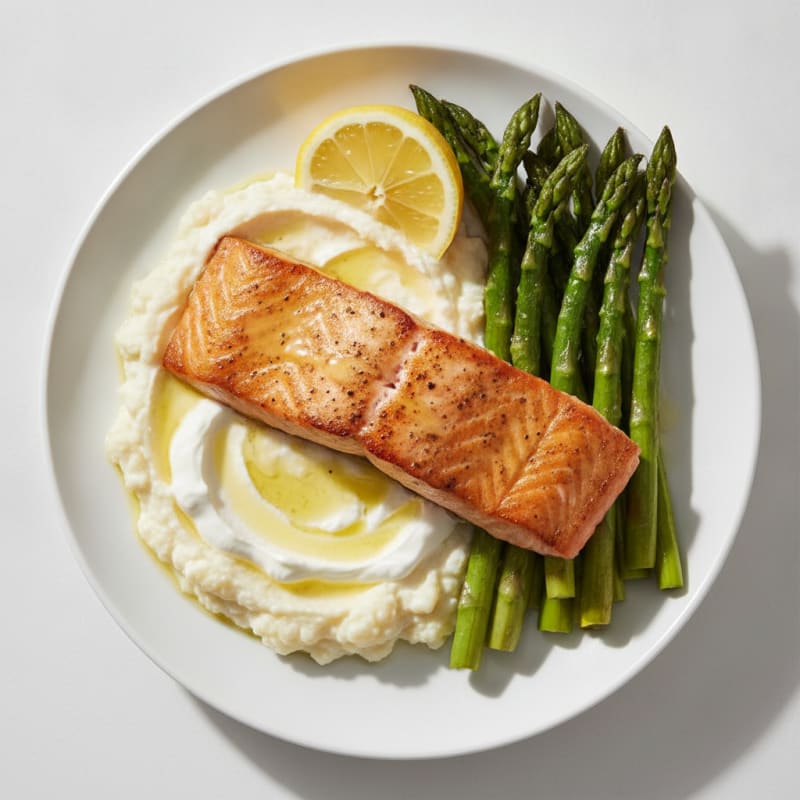 Seared Salmon with Roasted Asparagus and Cauliflower Mash