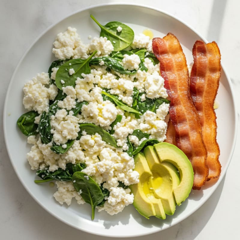 Cottage Cheese Egg White Scramble with Spinach and Turkey Bacon