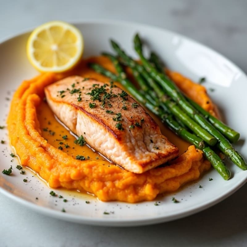 Seared Salmon Fillet with Roasted Asparagus and Sweet Potato Mash