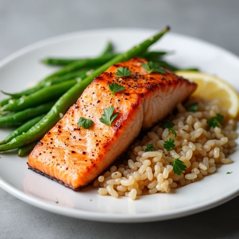Seared Salmon with Garlic Green Beans and Brown Rice