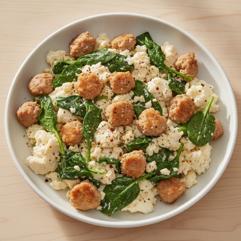 High-Protein Sausage and Egg Scramble with Spinach