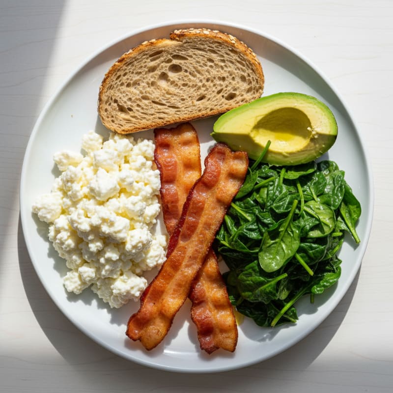 Crispy Turkey Bacon and Egg White Scramble with Cottage Cheese and Sautéed Spinach