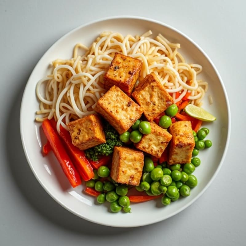 Crispy Tofu and Fresh Vegetable Pad Thai with Tangy Peanut Sauce