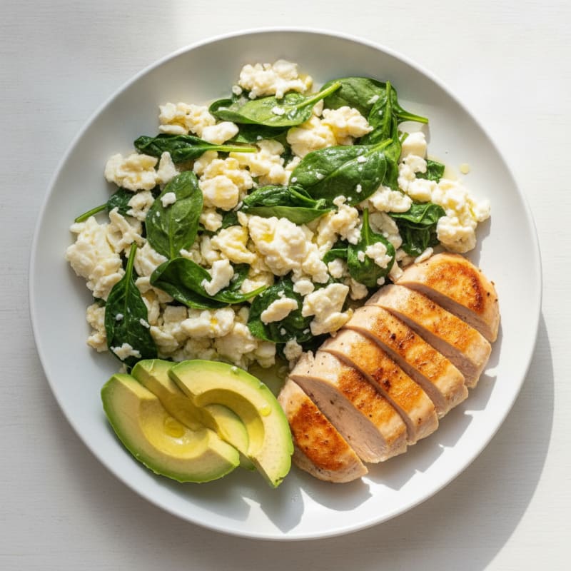 Scrambled Egg Whites with Chicken Breast and Sautéed Spinach