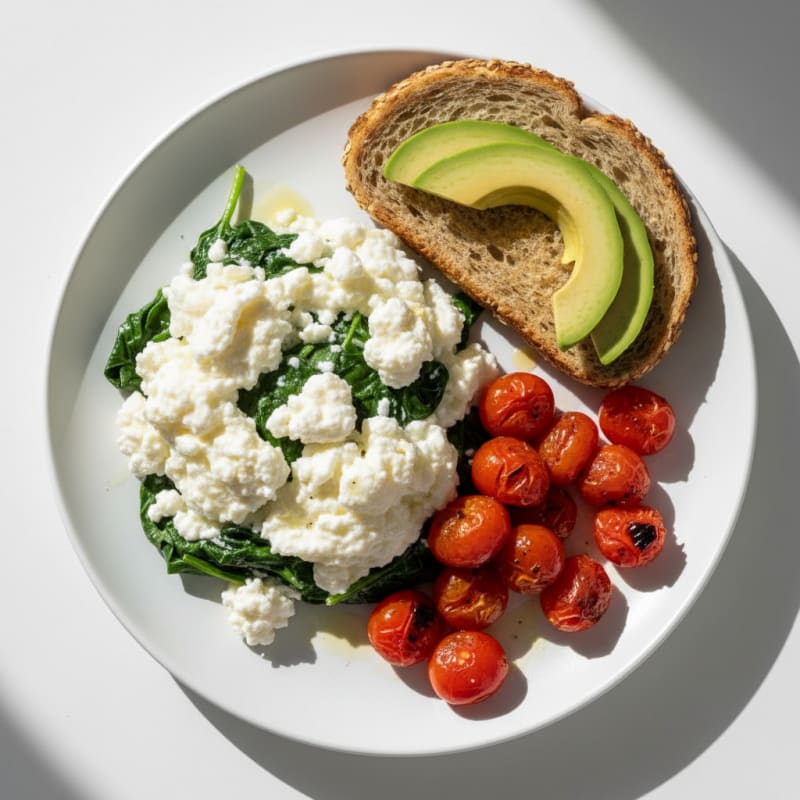 Egg White Spinach Scramble with Cottage Cheese and Cherry Tomatoes