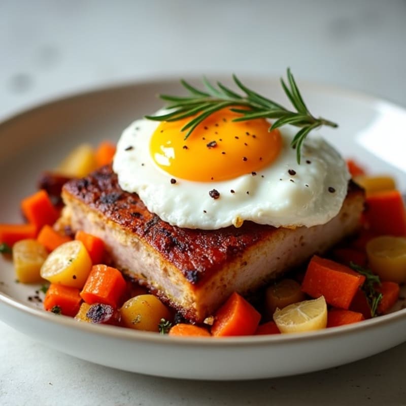 Crispy Slow-Braised Pork Belly with Roasted Root Vegetables and Egg White Topping