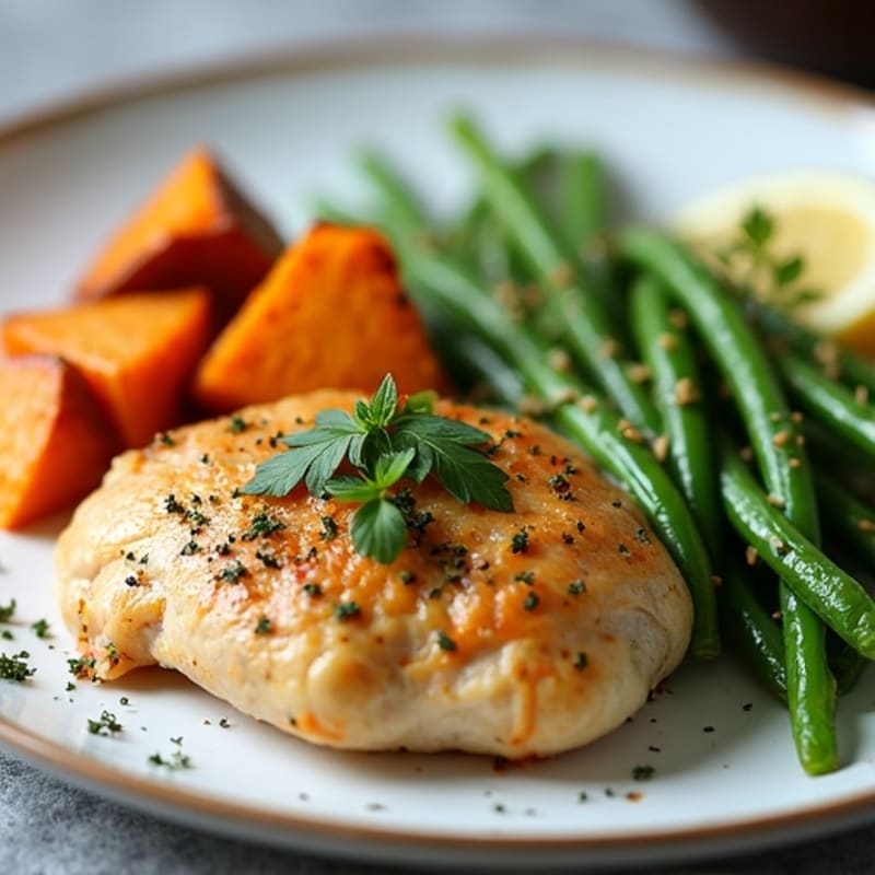 Lemon Herb Chicken with Roasted Sweet Potatoes and Green Beans