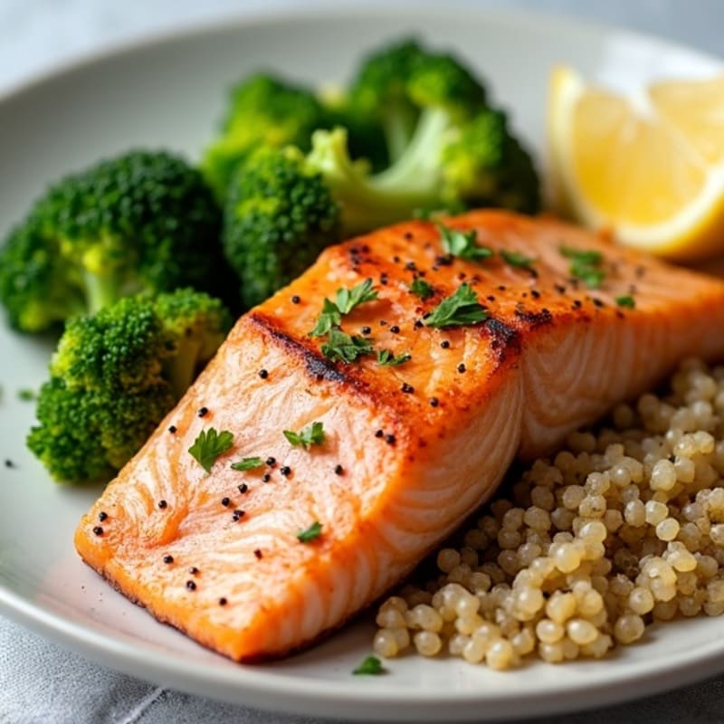 Seared Salmon with Steamed Broccoli and Quinoa