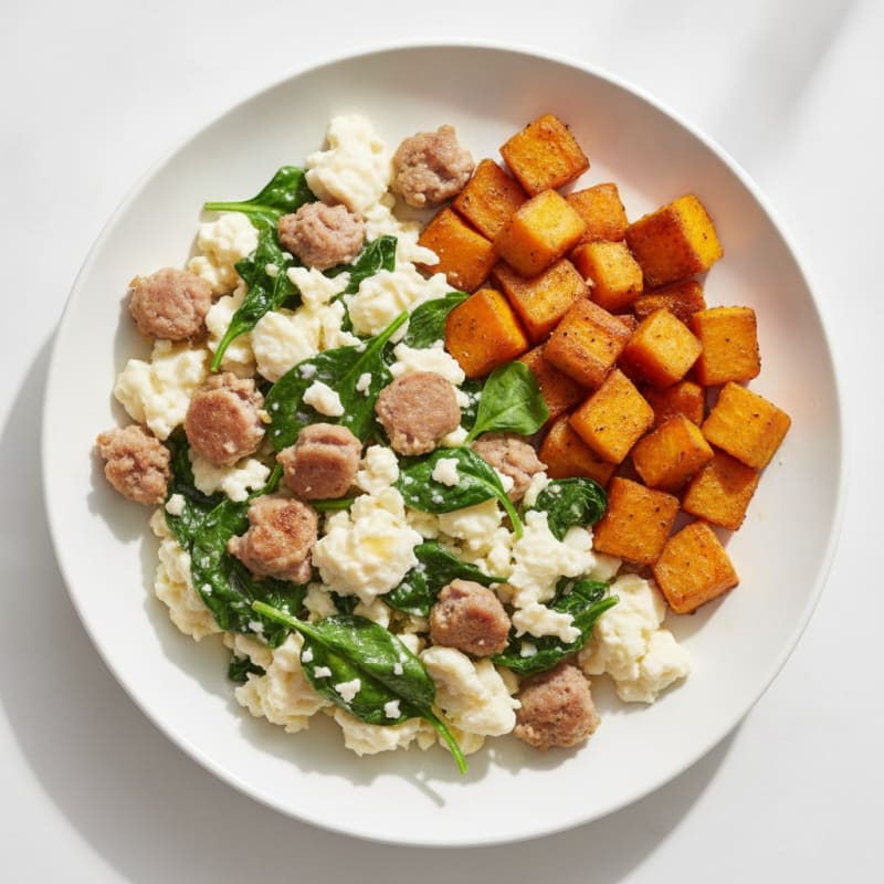 Egg White and Turkey Sausage Scramble with Spinach and Roasted Sweet Potato