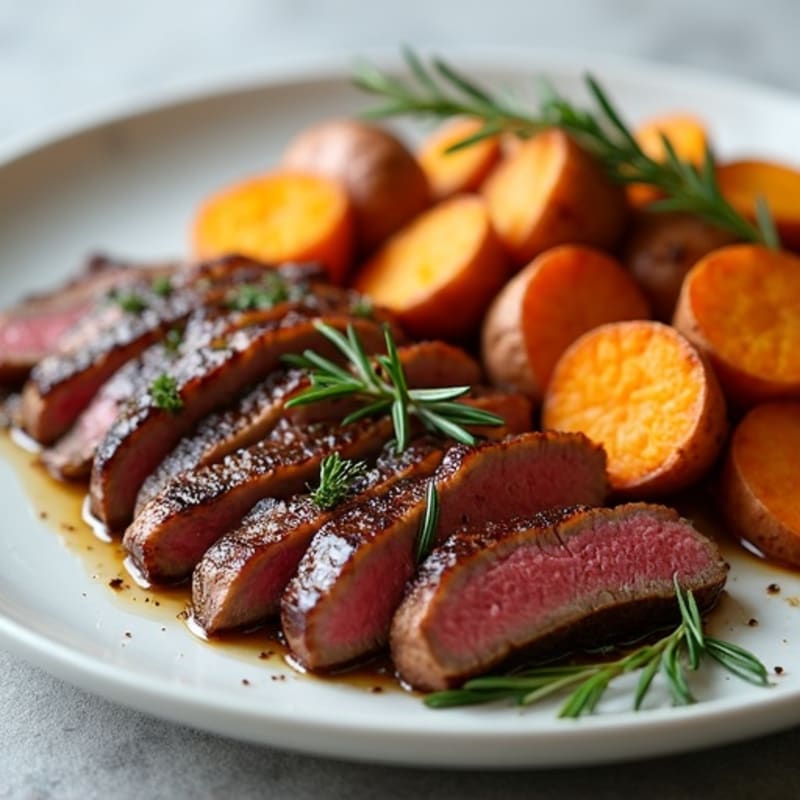 Garlic-Herb Seared Thin-Sliced Beef with Roasted Sweet Potatoes