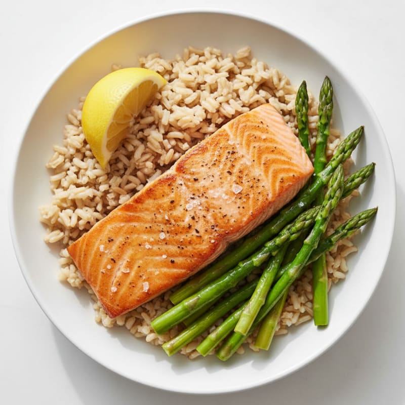 Seared Salmon Fillet with Steamed Asparagus and Brown Rice