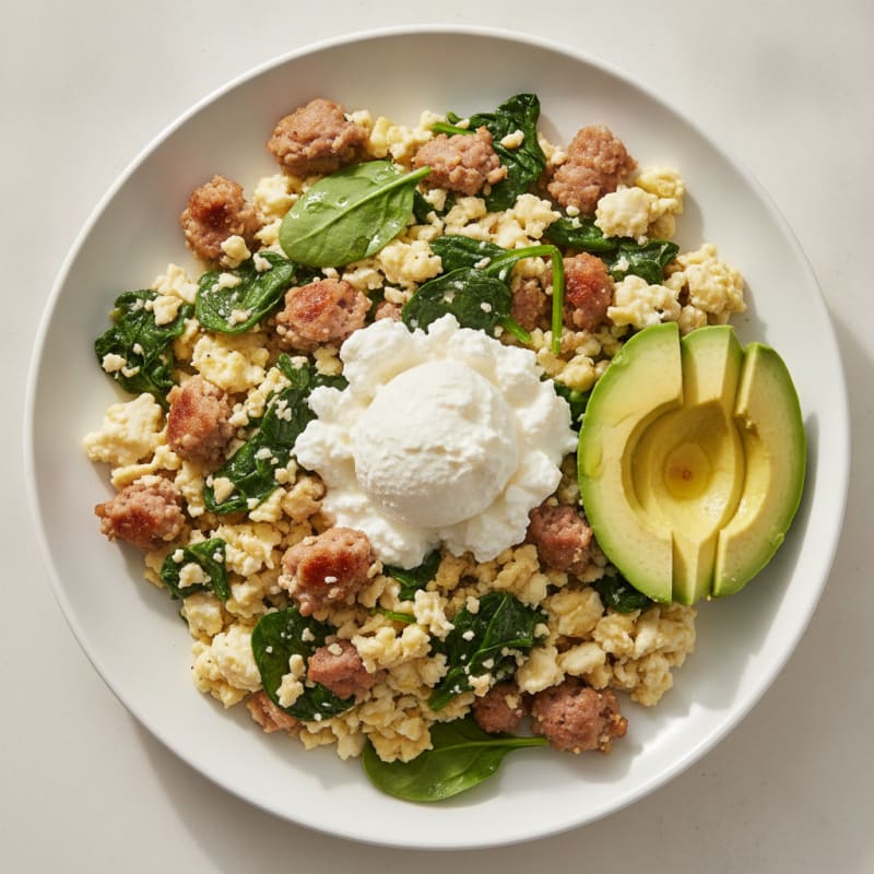 Egg White and Turkey Sausage Scramble with Cottage Cheese and Spinach
