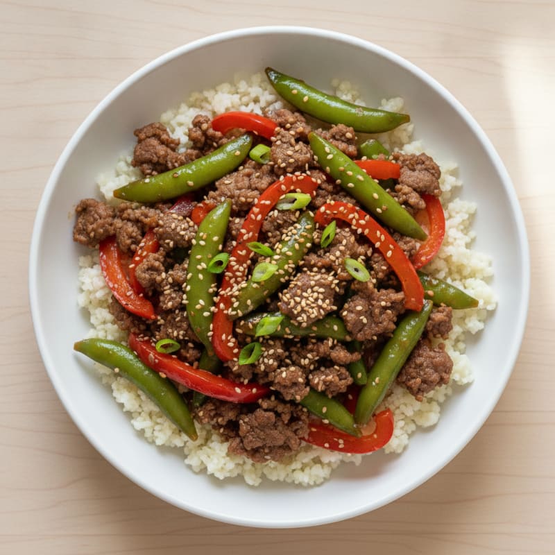 Lean Ground Beef Stir-Fry with Bell Peppers and Snap Peas