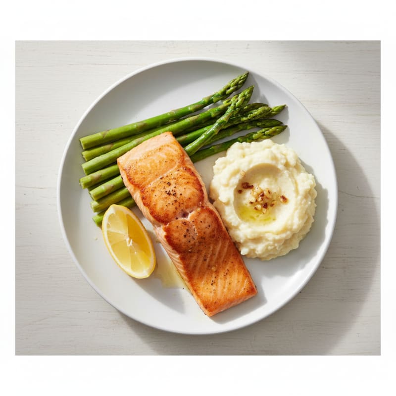 Seared Salmon with Steamed Asparagus and Garlic Mashed Cauliflower