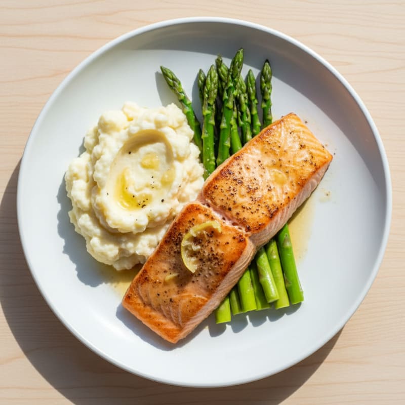 Seared Salmon with Steamed Asparagus and Garlic Mashed Cauliflower