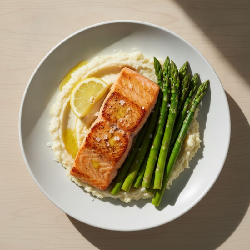Seared Salmon with Steamed Asparagus and Cauliflower Mash