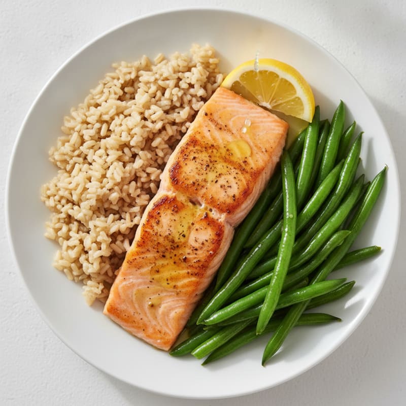 Seared Salmon with Steamed Green Beans and Brown Rice